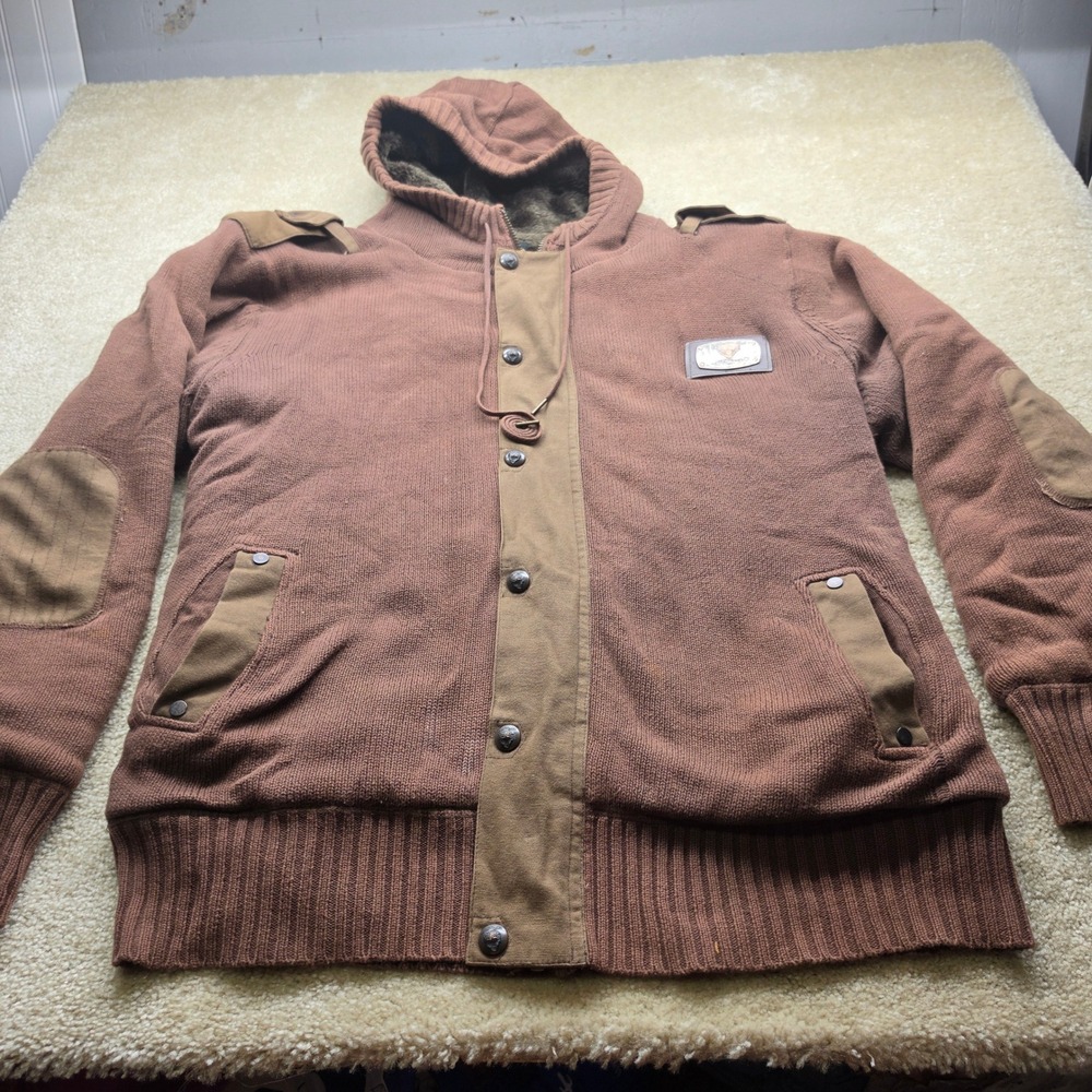 Ed Hardy Christian Audigier Brown Faux Fur Lined Knit Hoodie Jacket 4XL